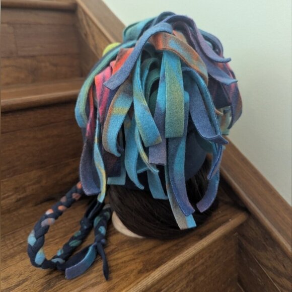 Blue Fleece Hat with Mohawk Fringe Ear Flaps & Chin Strap Sz M adult Youth L/XL - Picture 5 of 8